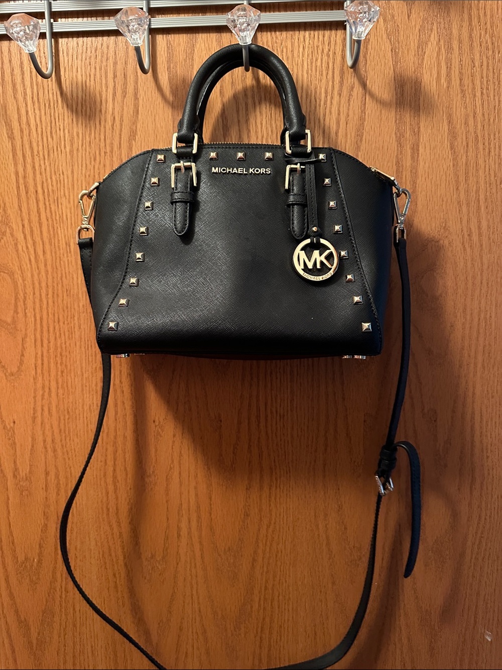 Michael Kors Black Saffiano Satchel with Gold Stud Accents